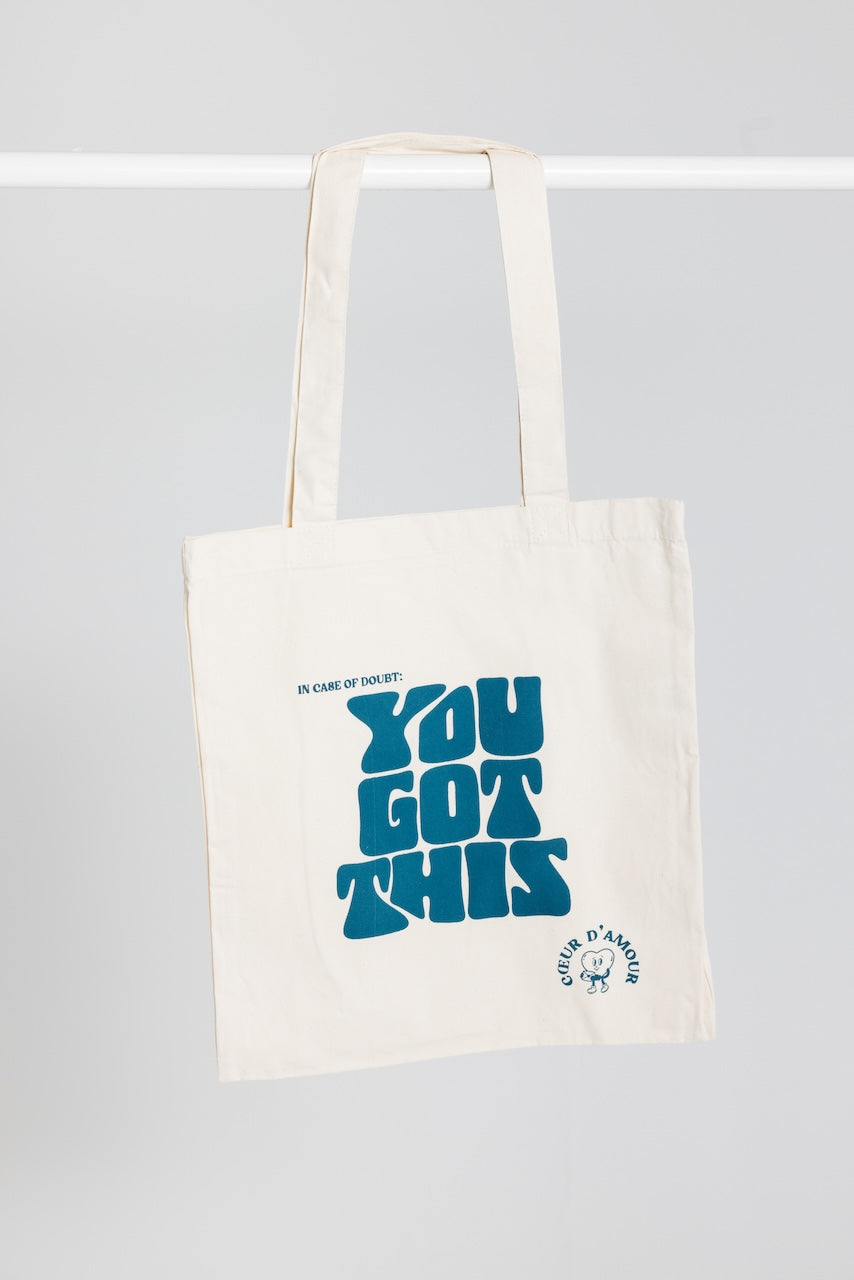 Weißer Jutebeutel mit blau / türkisem "YOU GOT THIS" Aufdruck